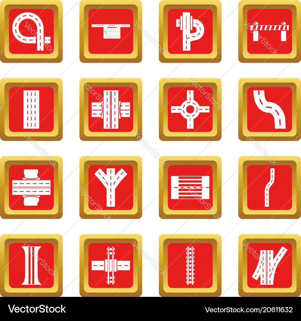 Road parts constructor icons set red square Road parts constructor icons set red square vector image