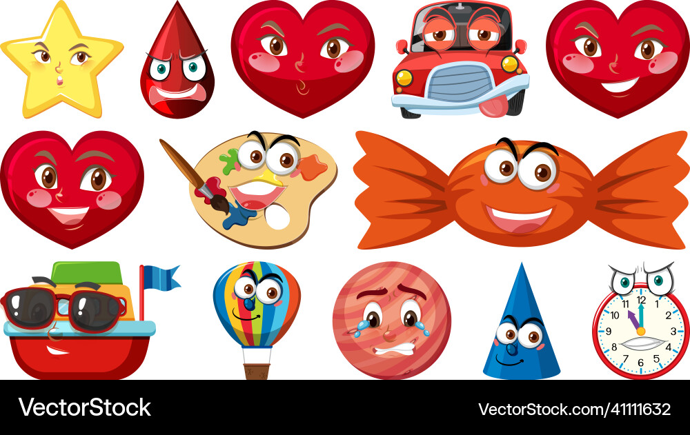 Set of different toy objects with smiley faces Set of different toy objects with smiley faces vector image