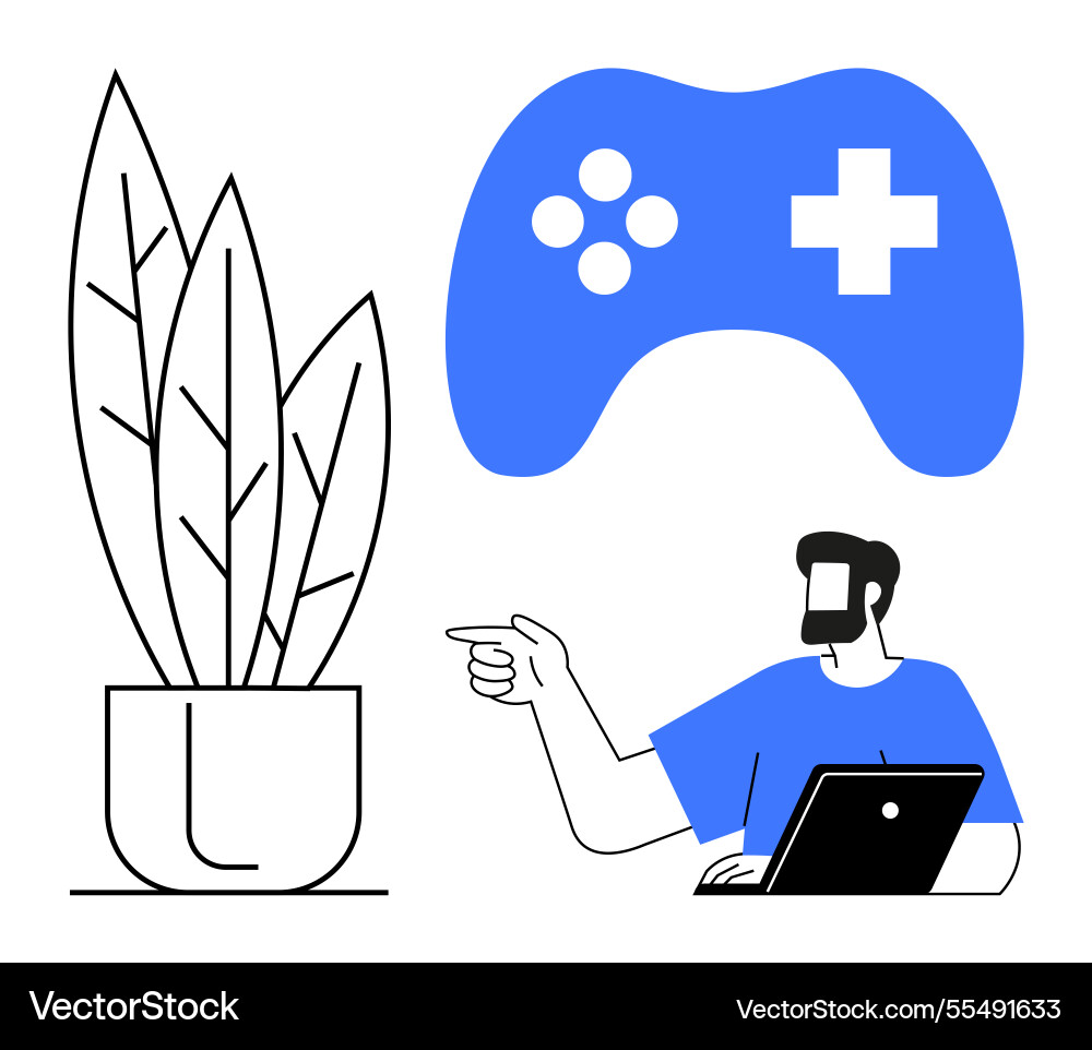 Man pointing while using laptop blue game vector image