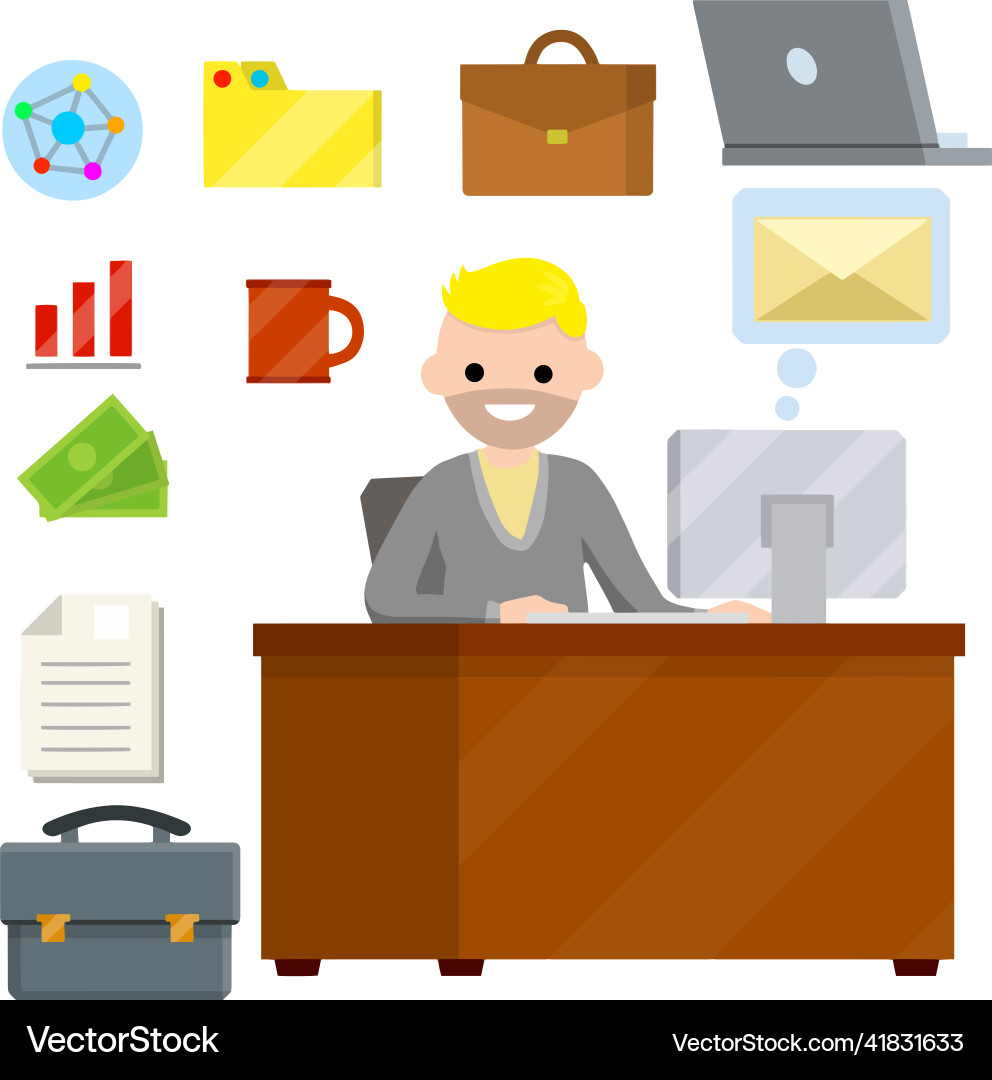 Man sit at desk with computer and typing Man sit at desk with computer and typing Vector Image