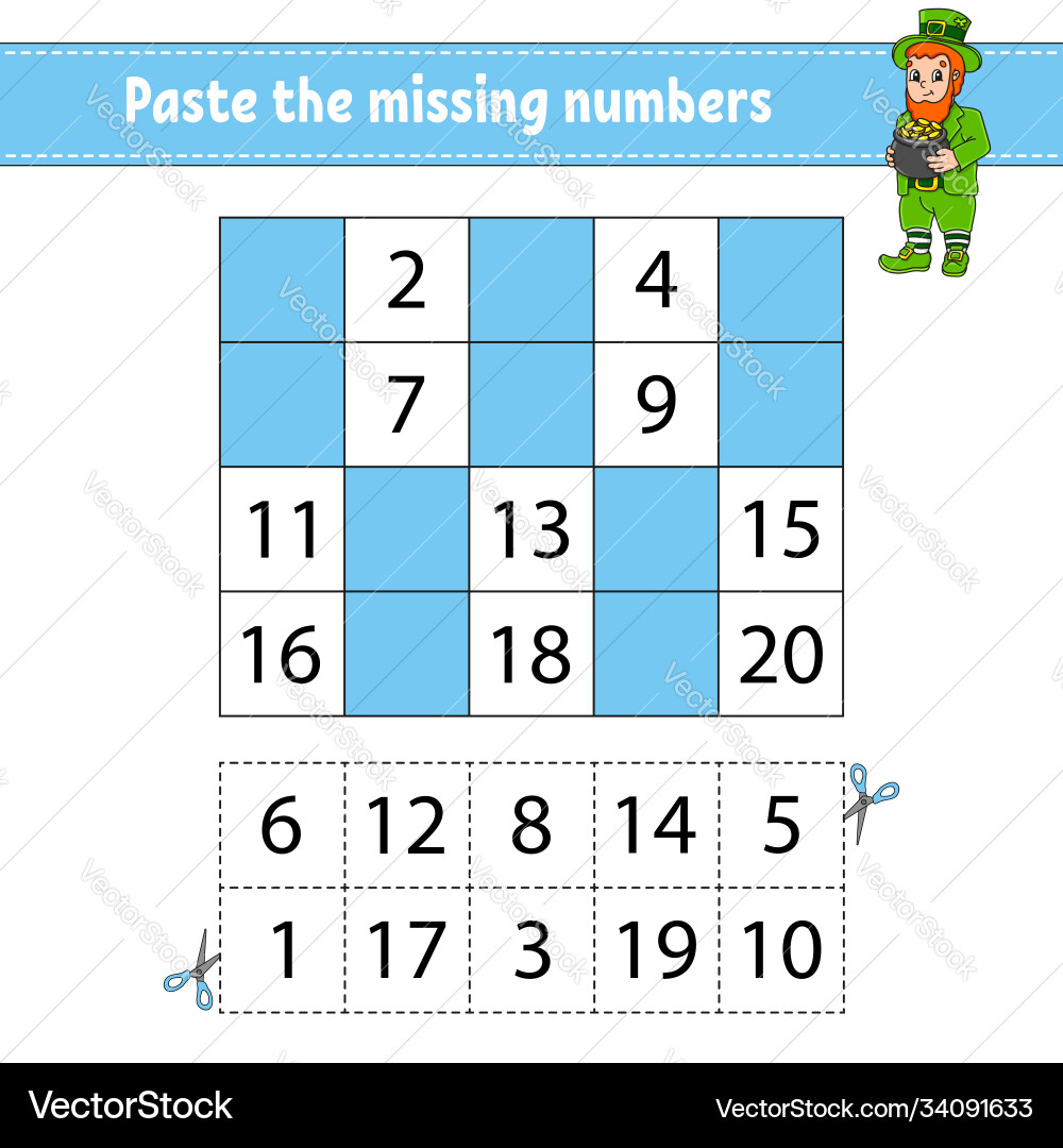 Paste missing numbers 1-20 game for children Paste missing numbers 1-20 game for children vector image