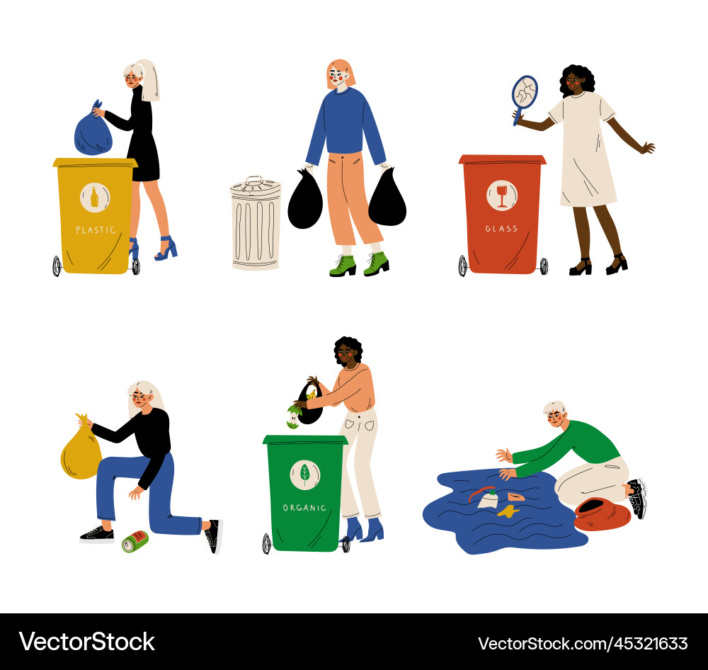 People collecting and throwing garbage into trash People collecting and throwing garbage into trash vector image