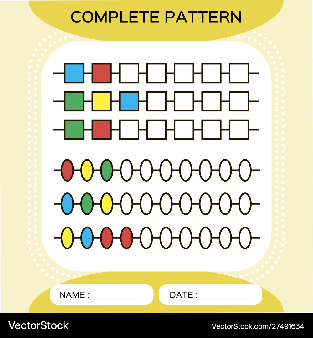Complete repeating patterns worksheet Complete repeating patterns worksheet vector image