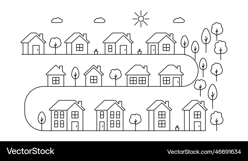 Houses with forest in village or cityscape line Houses with forest in village or cityscape line vector image