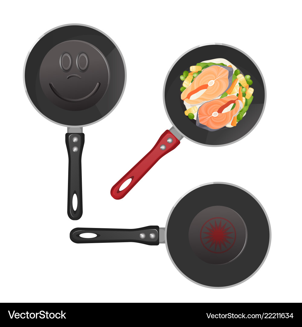 Set of metallic pans with food sketch icons Set of metallic pans with food sketch icons vector image