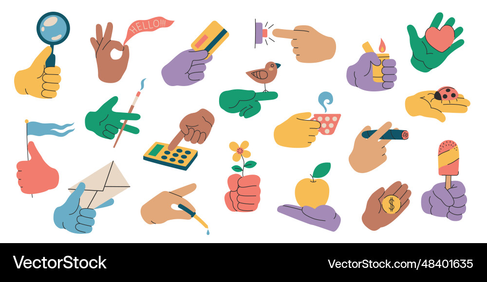Hands holding objects human arm with various Hands holding objects human arm with various vector image