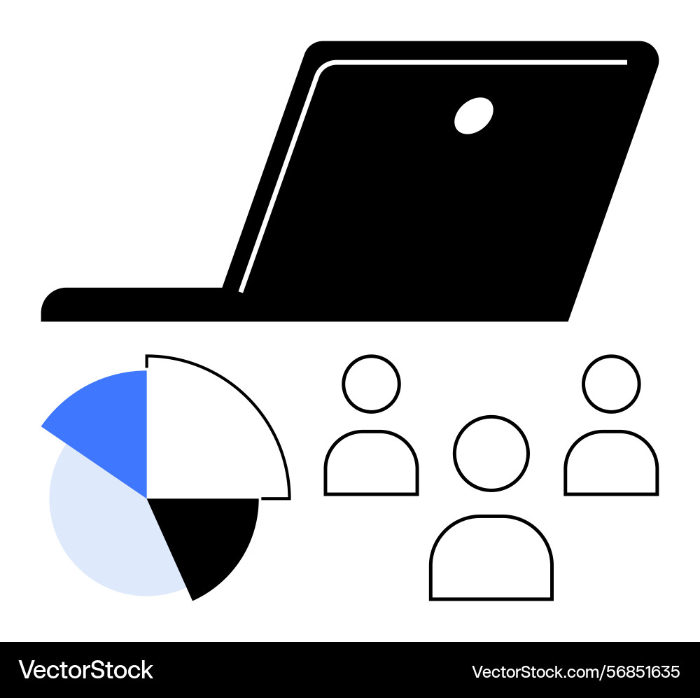 Laptop with pie chart and team icons representing Laptop with pie chart and team icons representing vector image