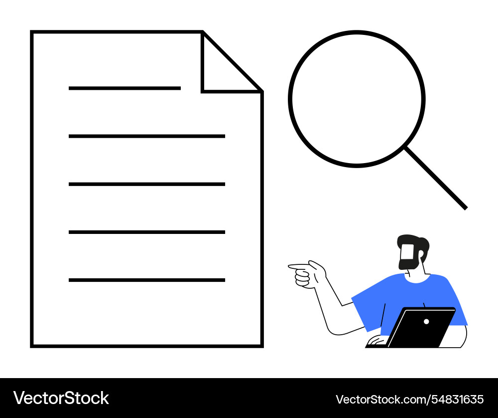 Man pointing at document with magnifying glass Man pointing at document with magnifying glass vector image