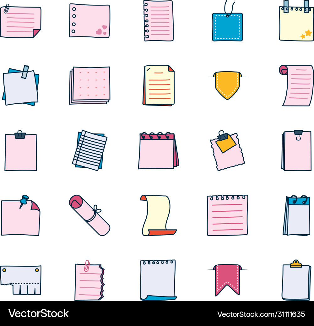 Memo pad and notes icon set line fill style vector image