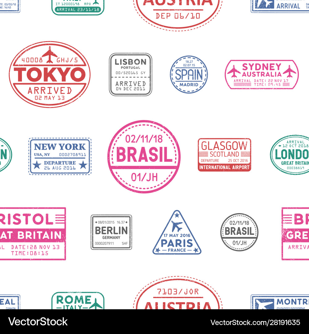 Visa stamps seamless pattern lisbon tokyo Visa stamps seamless pattern lisbon tokyo vector image