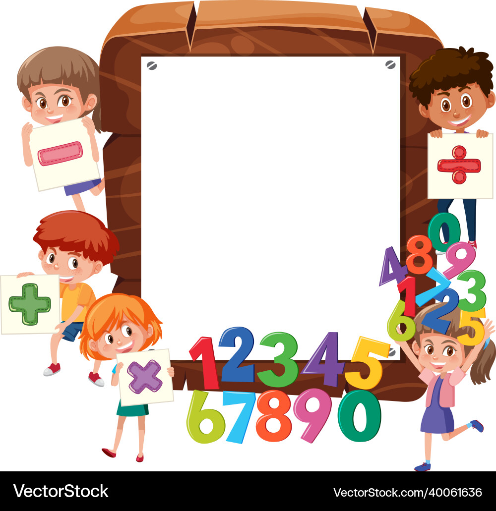Empty wooden frame with school kids and math Empty wooden frame with school kids and math vector image