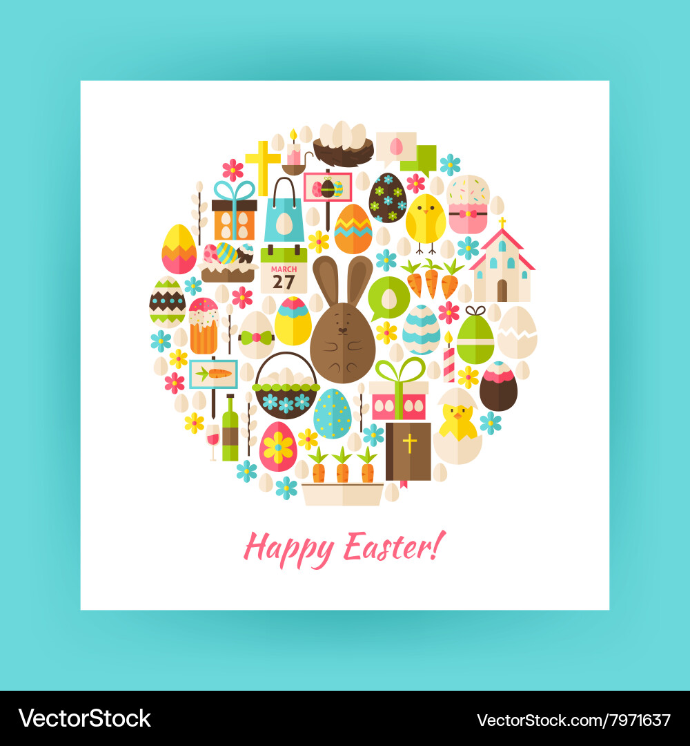 Flat style circle set of happy easter objects over vector image