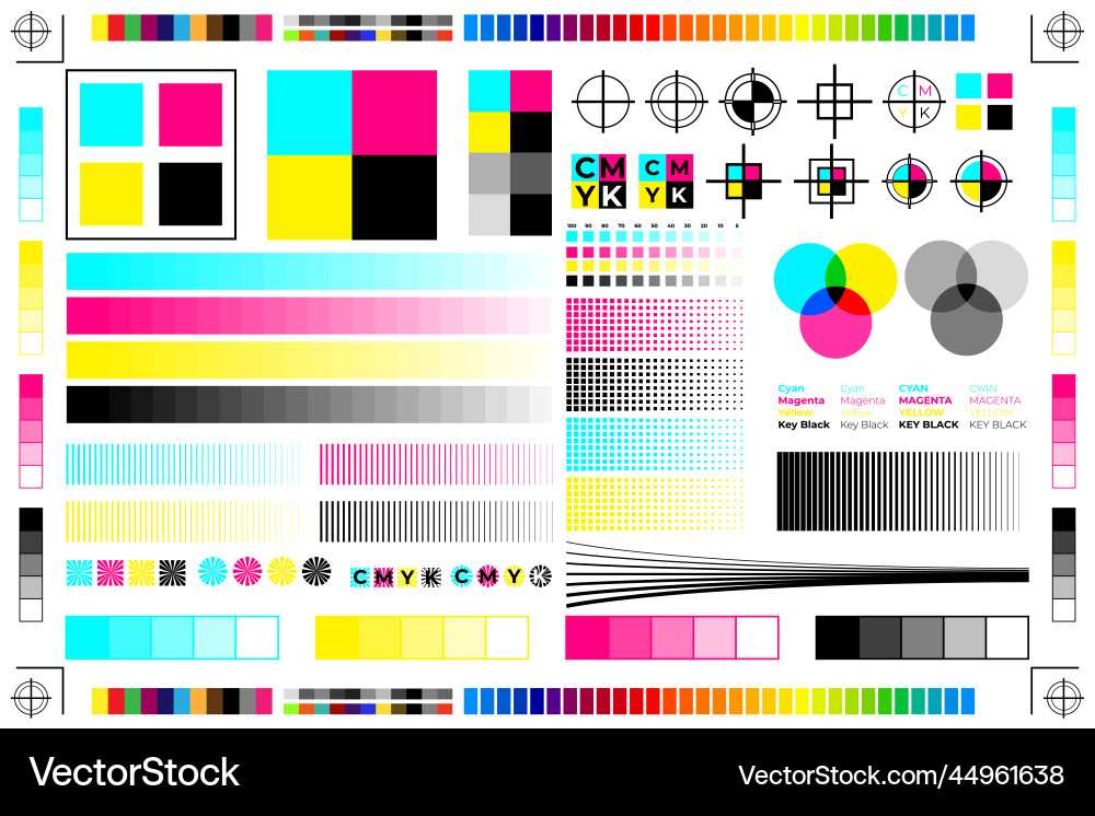 Cmyk print calibration with offset printing marks Cmyk print calibration with offset printing marks vector image
