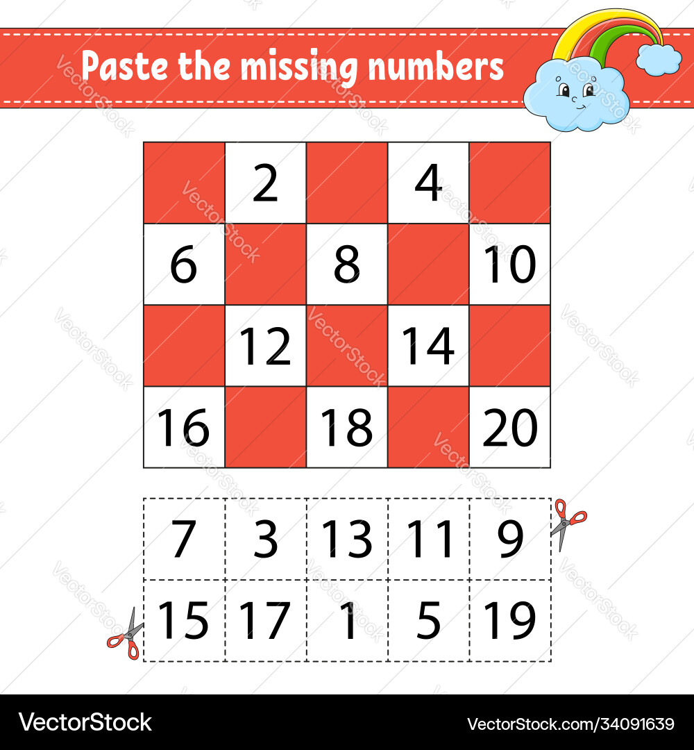Paste missing numbers 1-20 game for children Paste missing numbers 1-20 game for children vector image