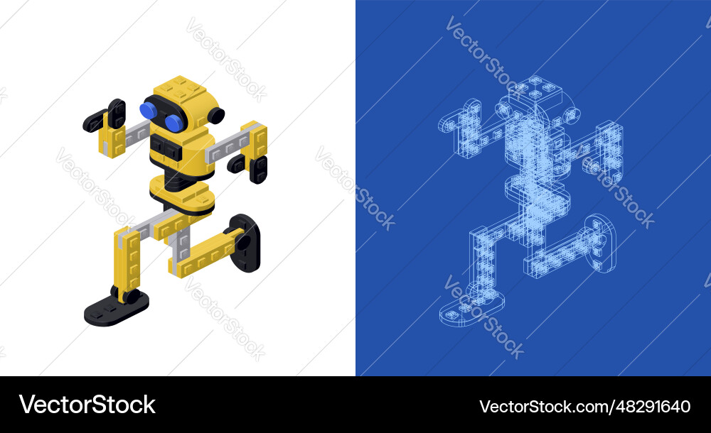 Concept with a dancing robot in isometric style Concept with a dancing robot in isometric style vector image