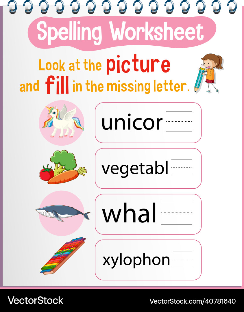 Spelling worksheet template for kids Spelling worksheet template for kids vector image