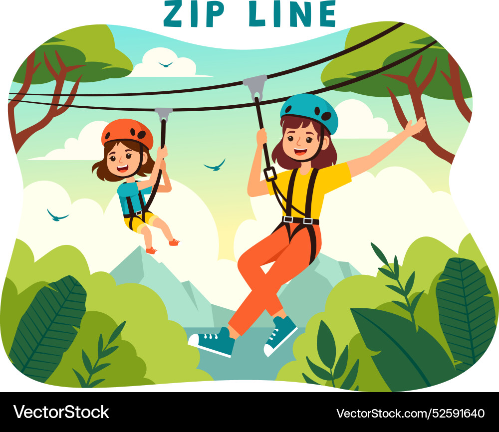 Zip line with visitors walking on an obstacle Vector Image