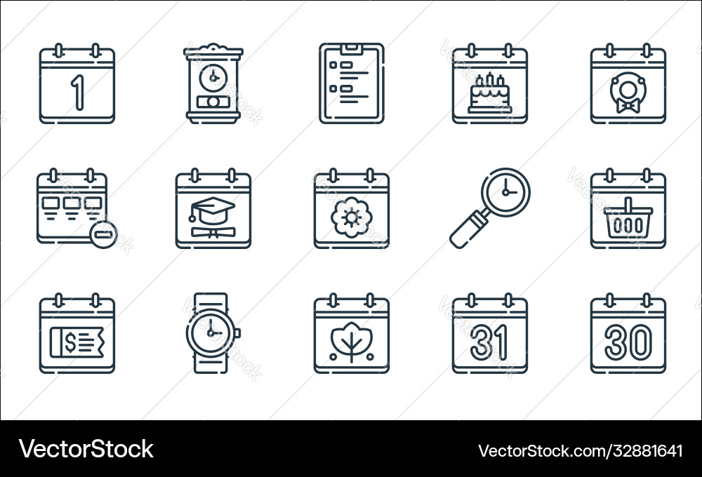 Calendar and date line icons linear set quality vector image
