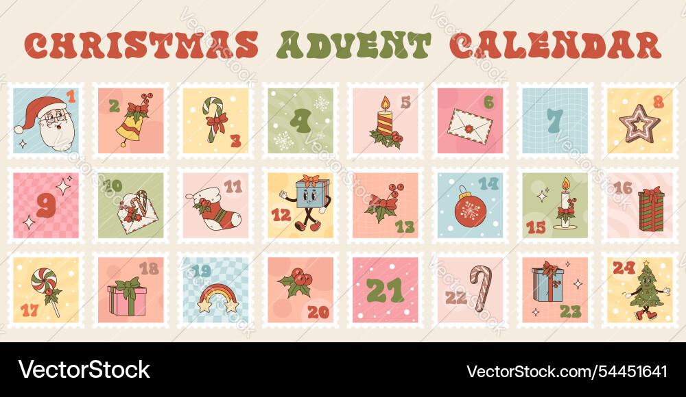 Christmas advent calendar in groovy style vector image