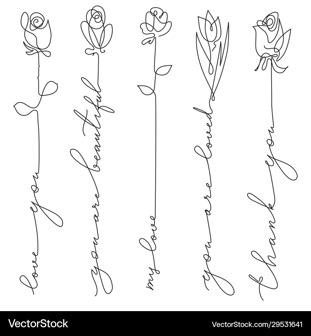 Line Art Floral Set with Love Lettering vector image
