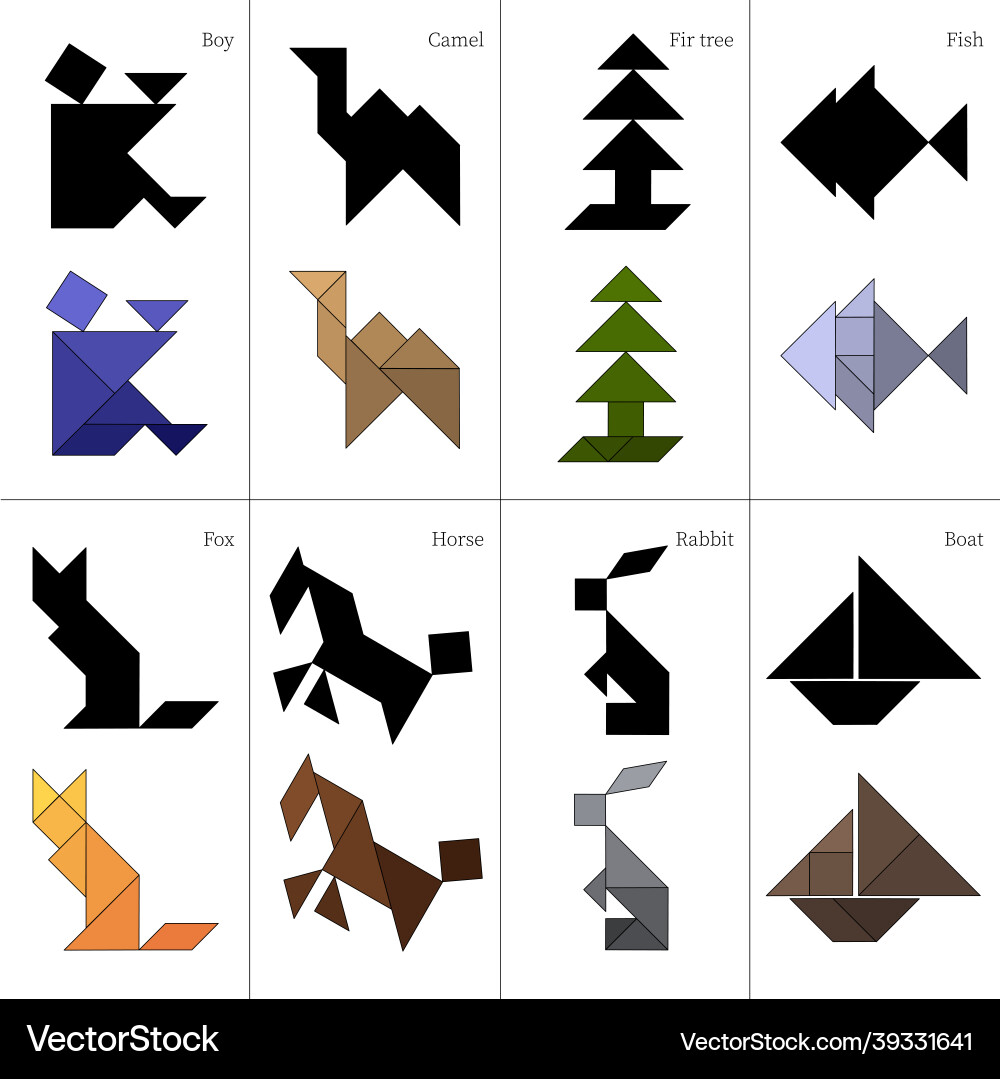 Tangram puzzle game schemes with different objects Tangram puzzle game schemes with different objects vector image