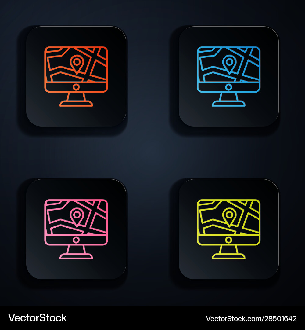 Color neon line computer monitor and folded map Color neon line computer monitor and folded map vector image