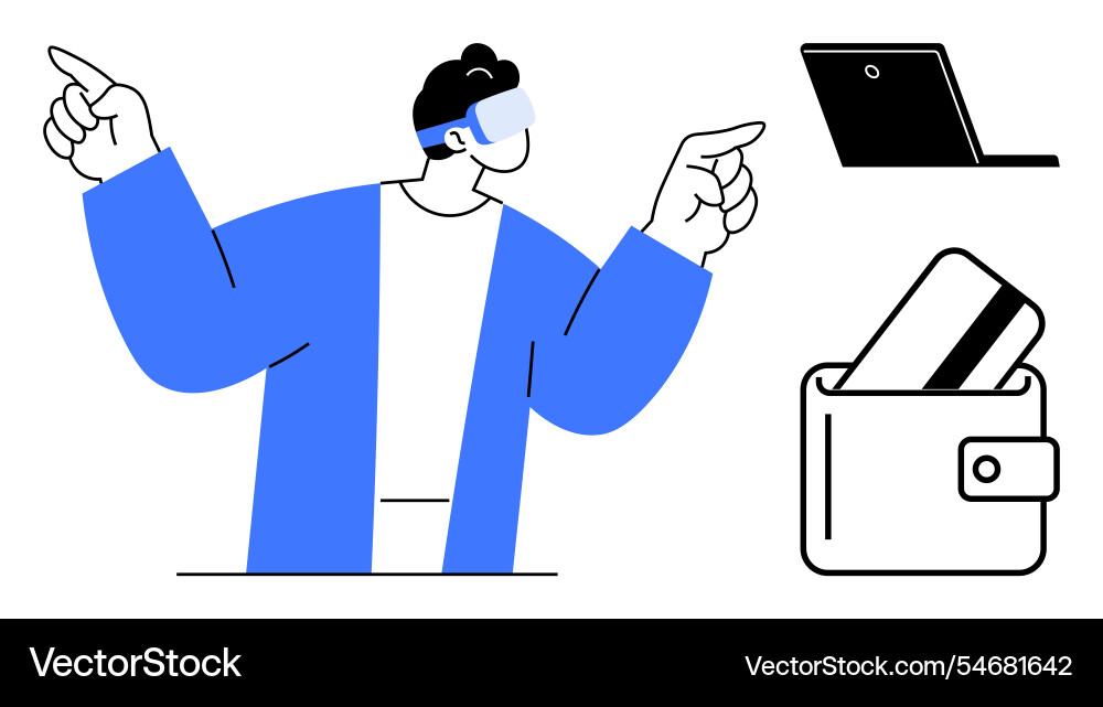 Man using vr headset with laptop and wallet Man using vr headset with laptop and wallet vector image
