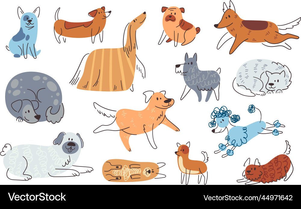 Outline pretty dogs doodle action puppys Outline pretty dogs doodle action puppys vector image