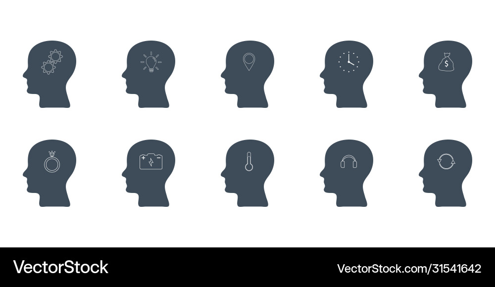 Set heads with thought symbols on different Set heads with thought symbols on different vector image