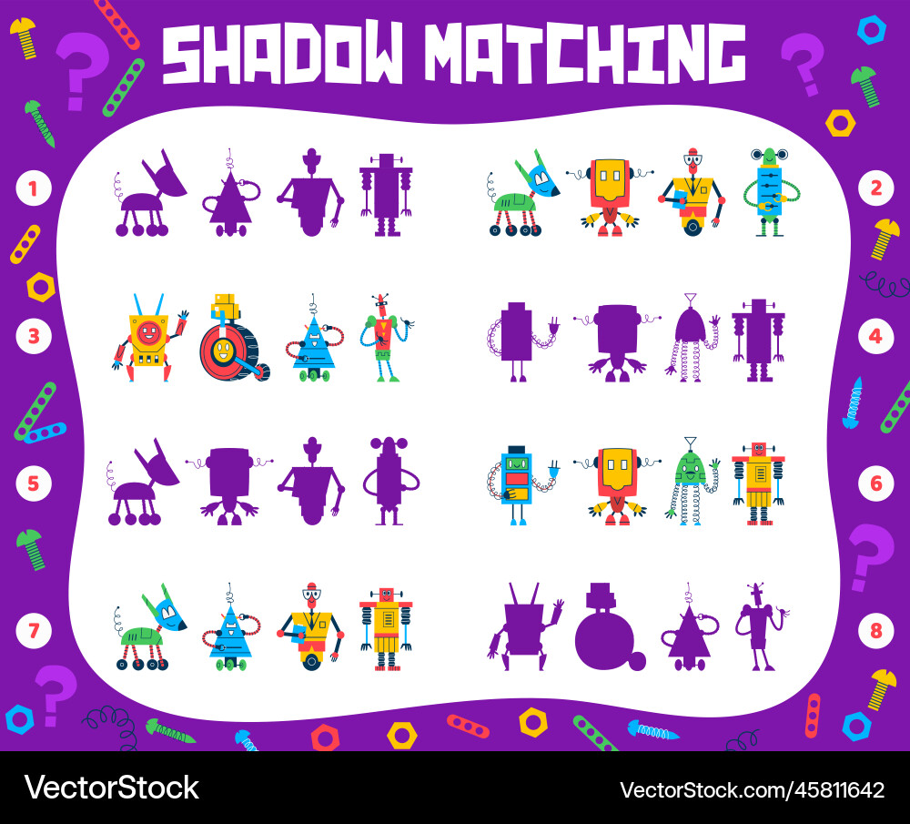 Shadow matching quiz game cartoon robots droids Shadow matching quiz game cartoon robots droids vector image