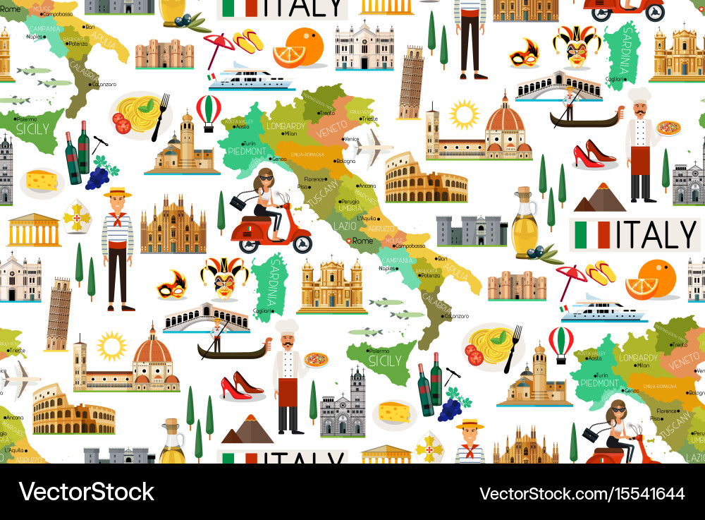 Italien Reisemuster - Landkarte & Icons Vektorbild