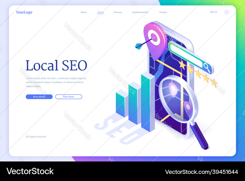 Local seo isometric landing page business ranking Local seo isometric landing page business ranking vector image