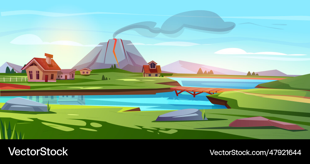 Poster with landscape and volcano Poster with landscape and volcano vector image
