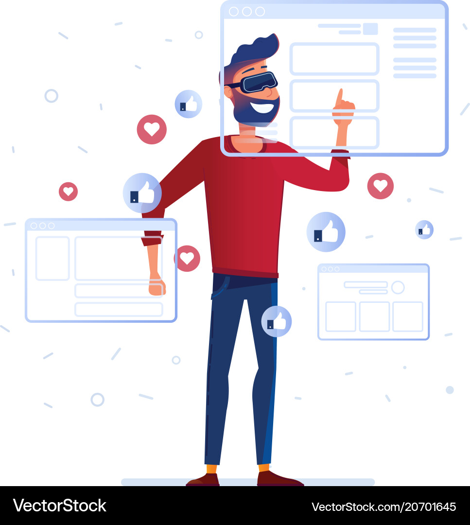A man in vr headset analyzing virtual data A man in vr headset analyzing virtual data Vector Image