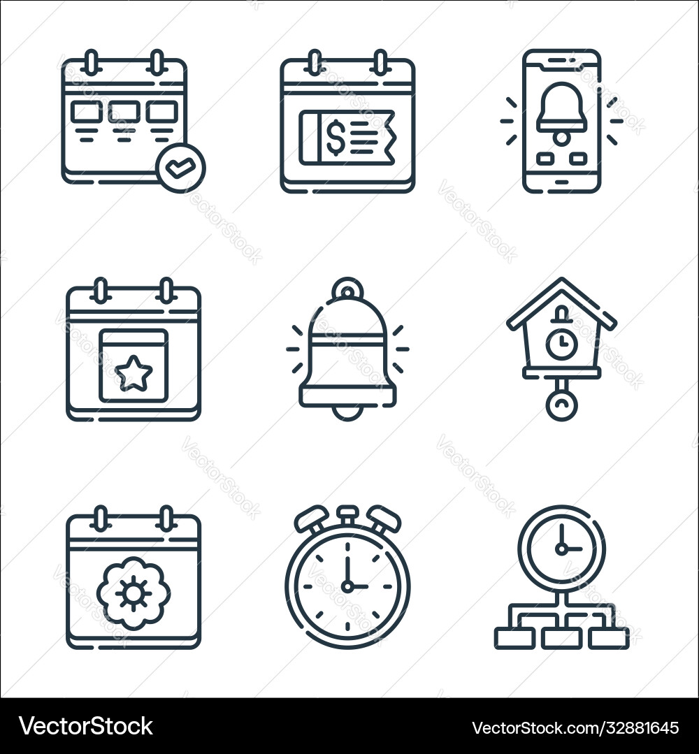 Calendar and date line icons linear set quality vector image