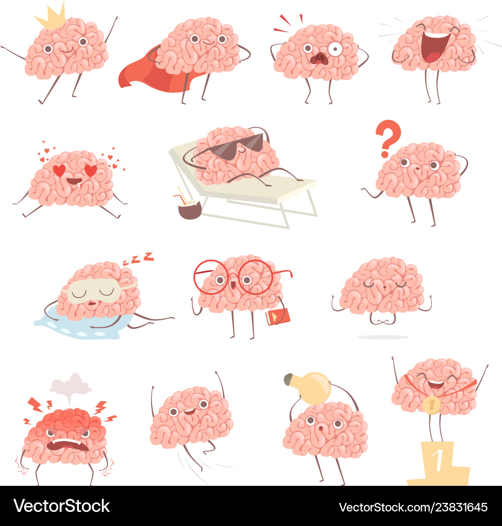 Happy Brain Mascot - Thinking & Relaxing Vector Image