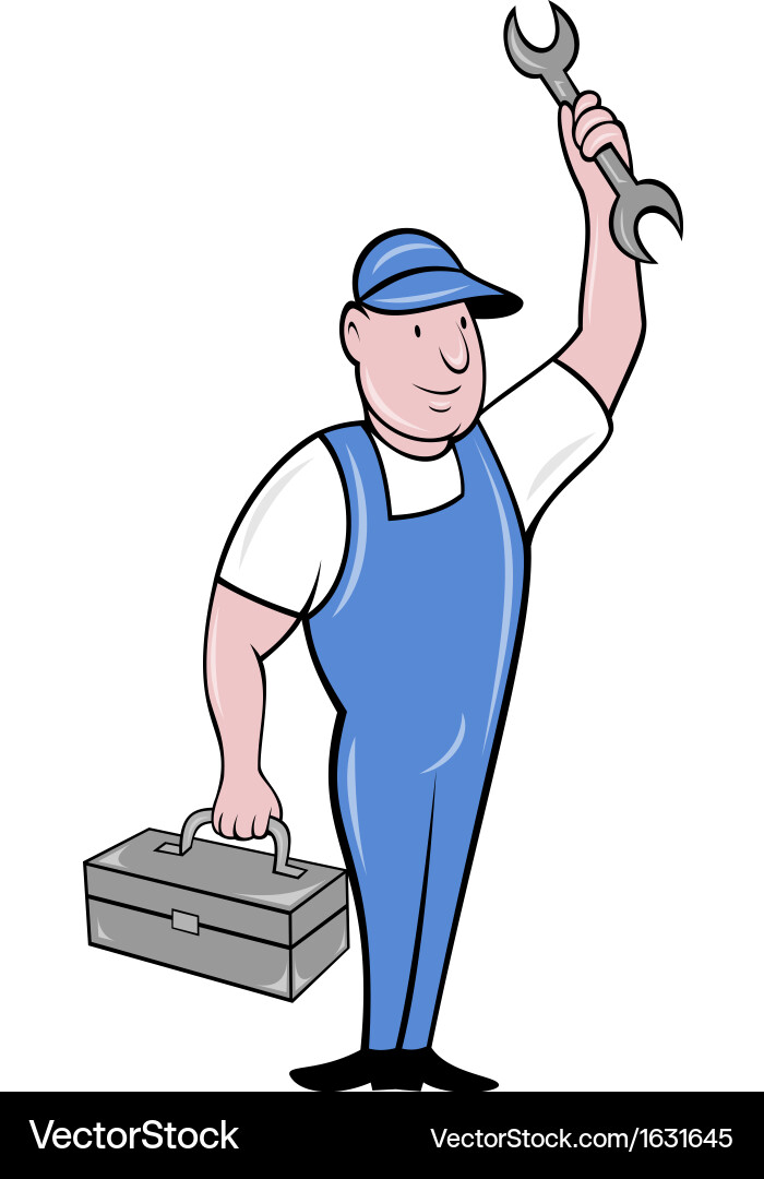 Mechanic with spanner wrench standing toolbox vector image