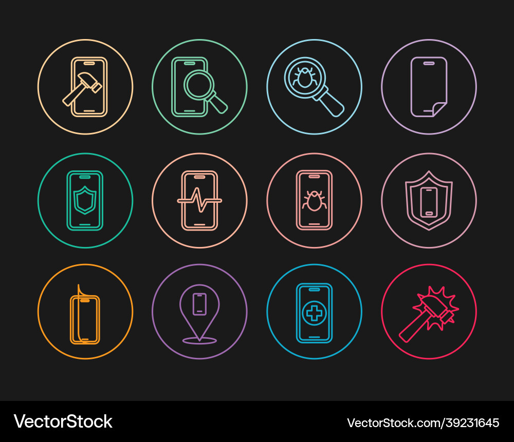 Set line hammer mobile with shield system bug Set line hammer mobile with shield system bug vector image