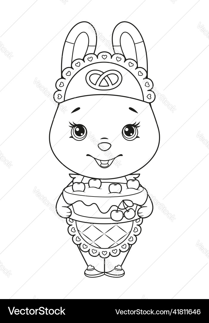 Cute bunny baker with cake coloring page Vector Image