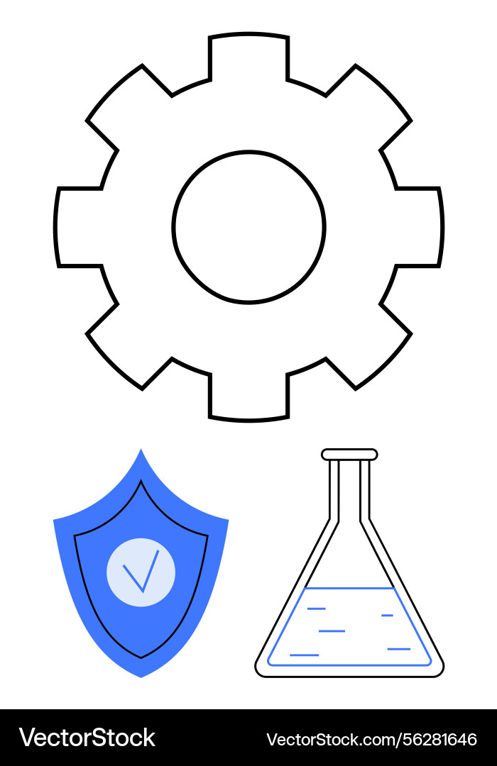 Gear shield with checkmark and flask Gear shield with checkmark and flask Vector Image