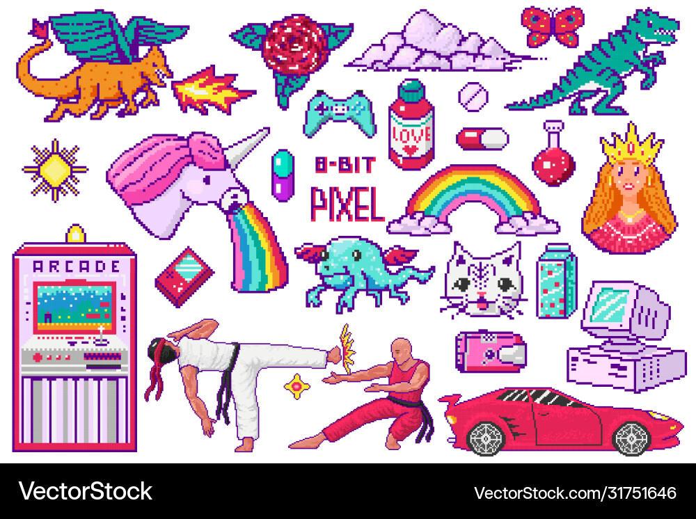 Pixel art 8 bit objects retro digital game assets Pixel art 8 bit objects retro digital game assets vector image