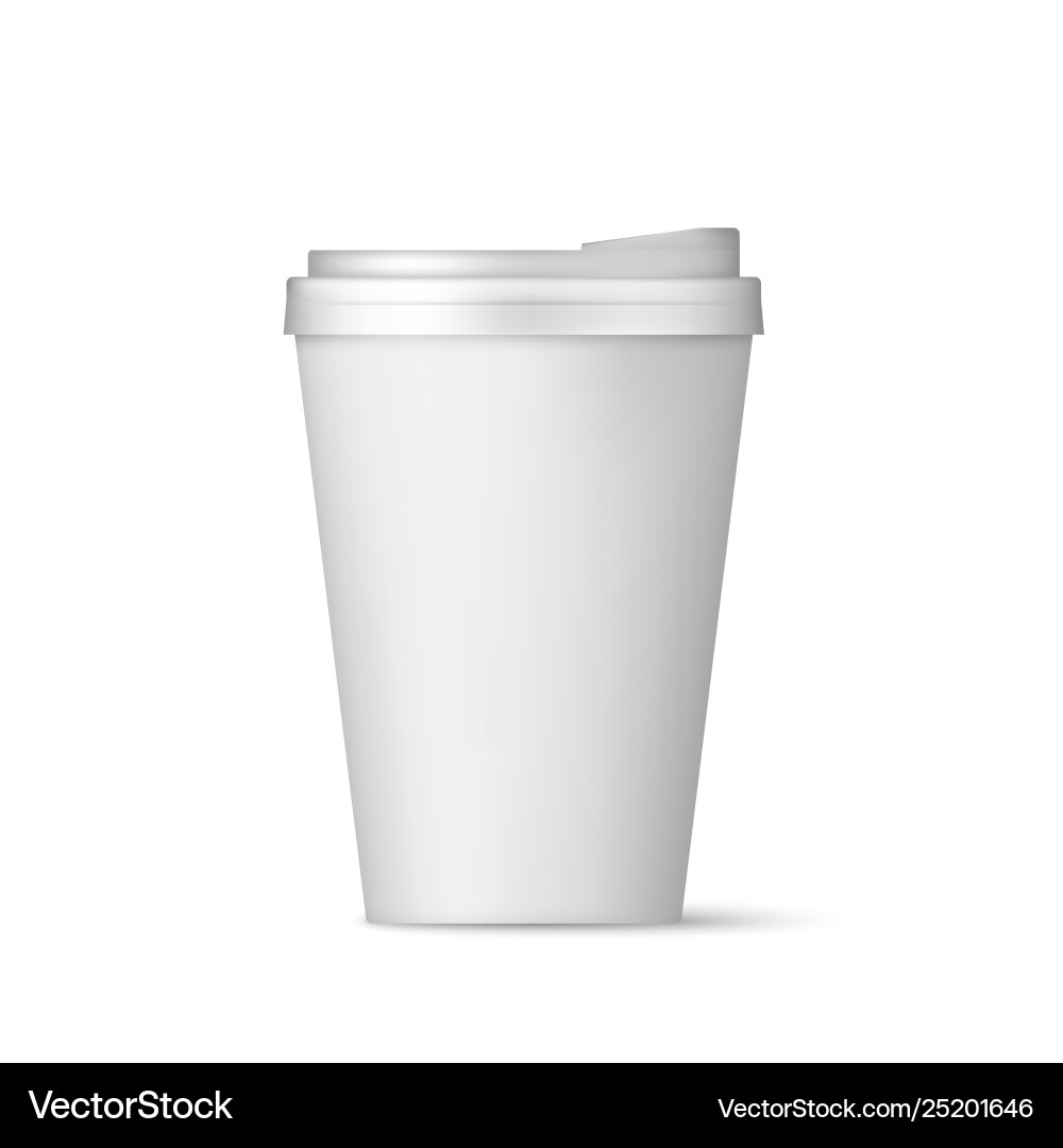 Realistic white paper coffee cup with lid front Realistic white paper coffee cup with lid front vector image