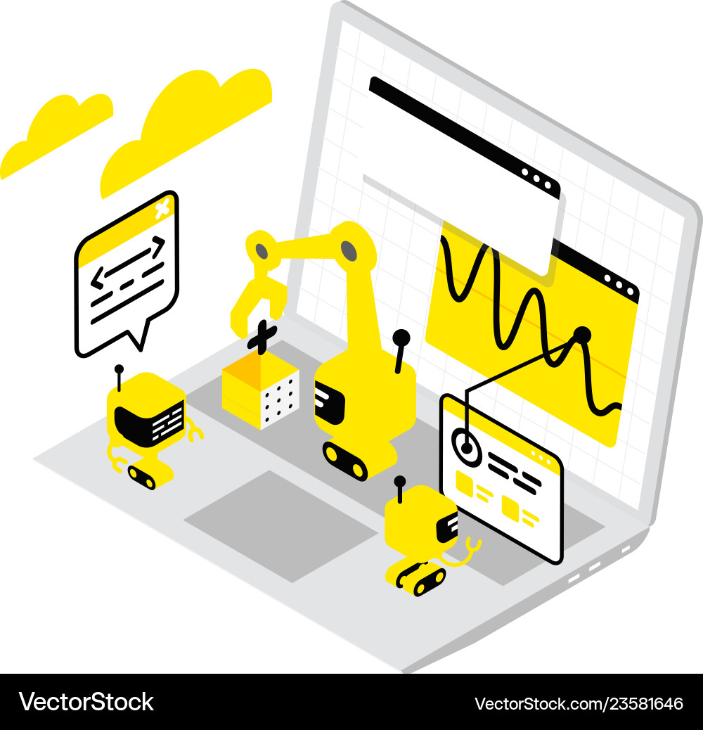 Server programming and testing robots on laptop Server programming and testing robots on laptop vector image