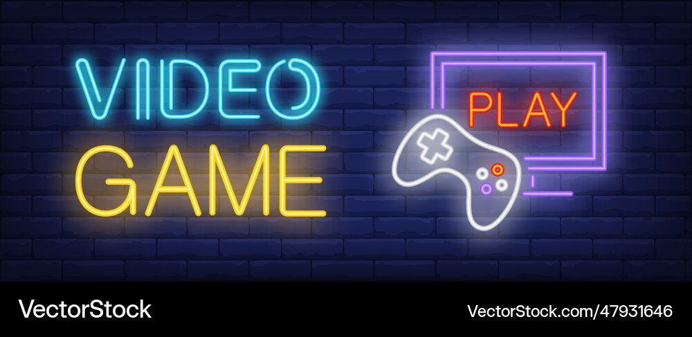 Video game neon text with console and monitor Video game neon text with console and monitor vector image