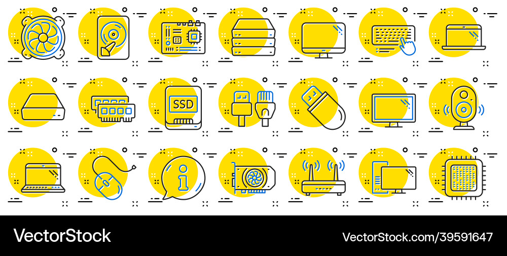 Computer components line icons set of motherboard Vector Image