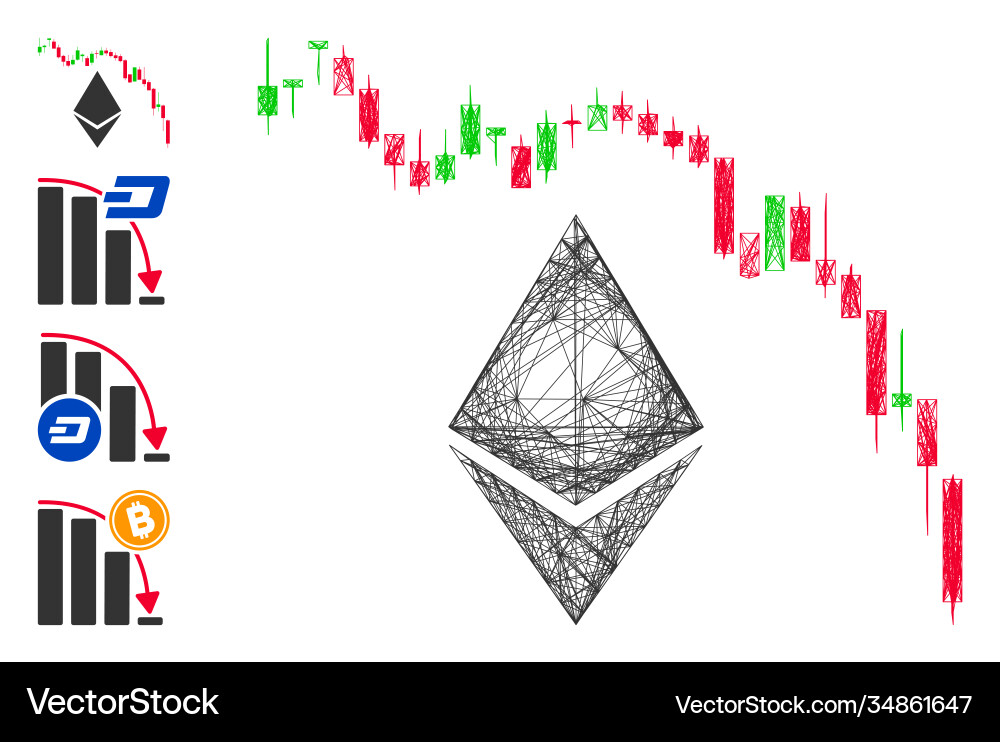 Hatched ethereum fall chart mesh Hatched ethereum fall chart mesh vector image