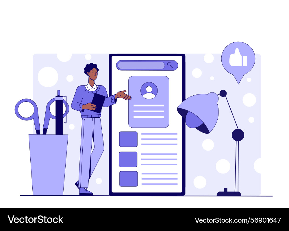 Man showing mobile user interface screen Man showing mobile user interface screen vector image