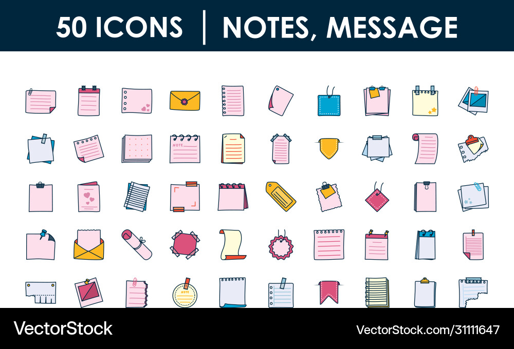 Notes messages icon set line and fill style vector image