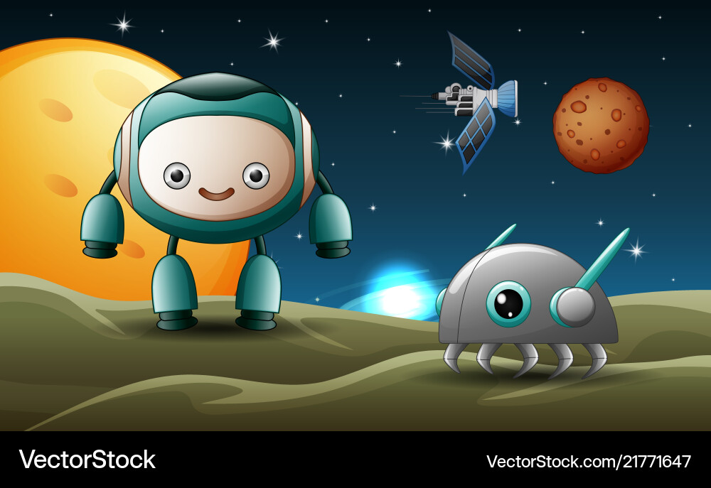 Robot cartoon in the moon with tiny Robot cartoon in the moon with tiny Vector Image
