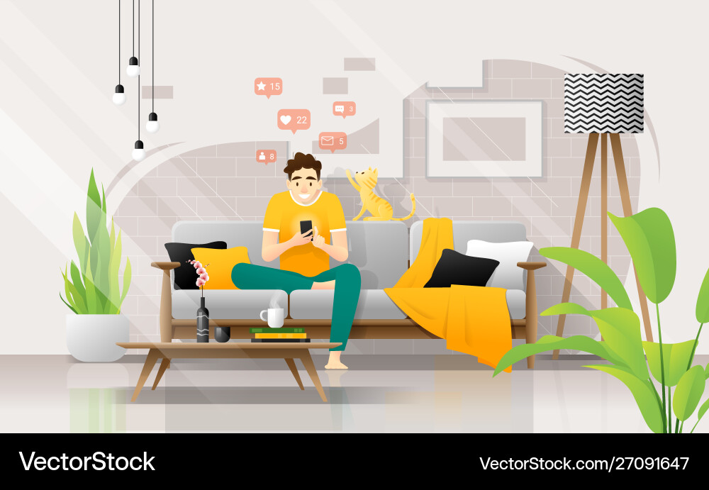 Young man using smartphone in living room Young man using smartphone in living room vector image